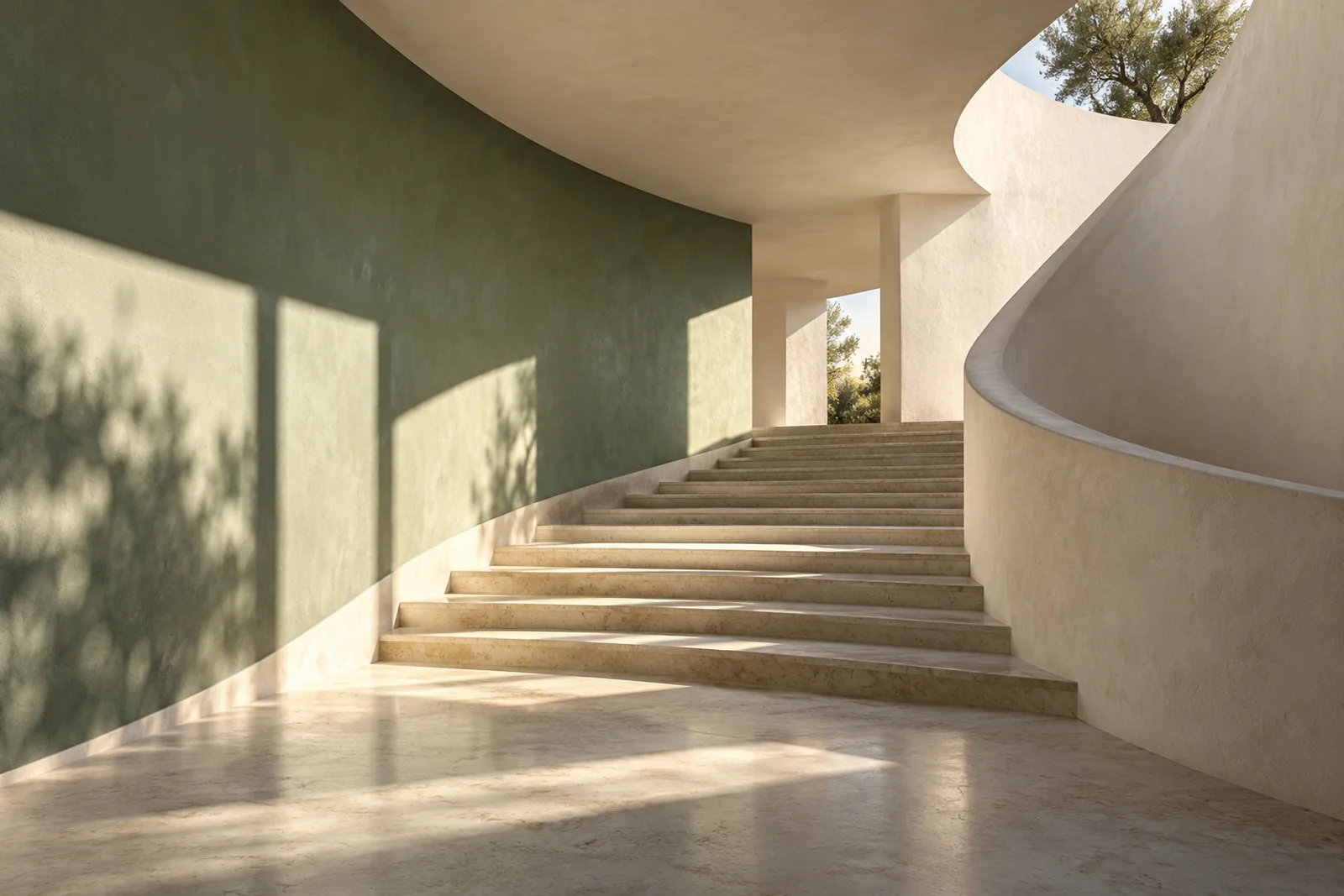 A sculptural staircase opening into soft daylight
