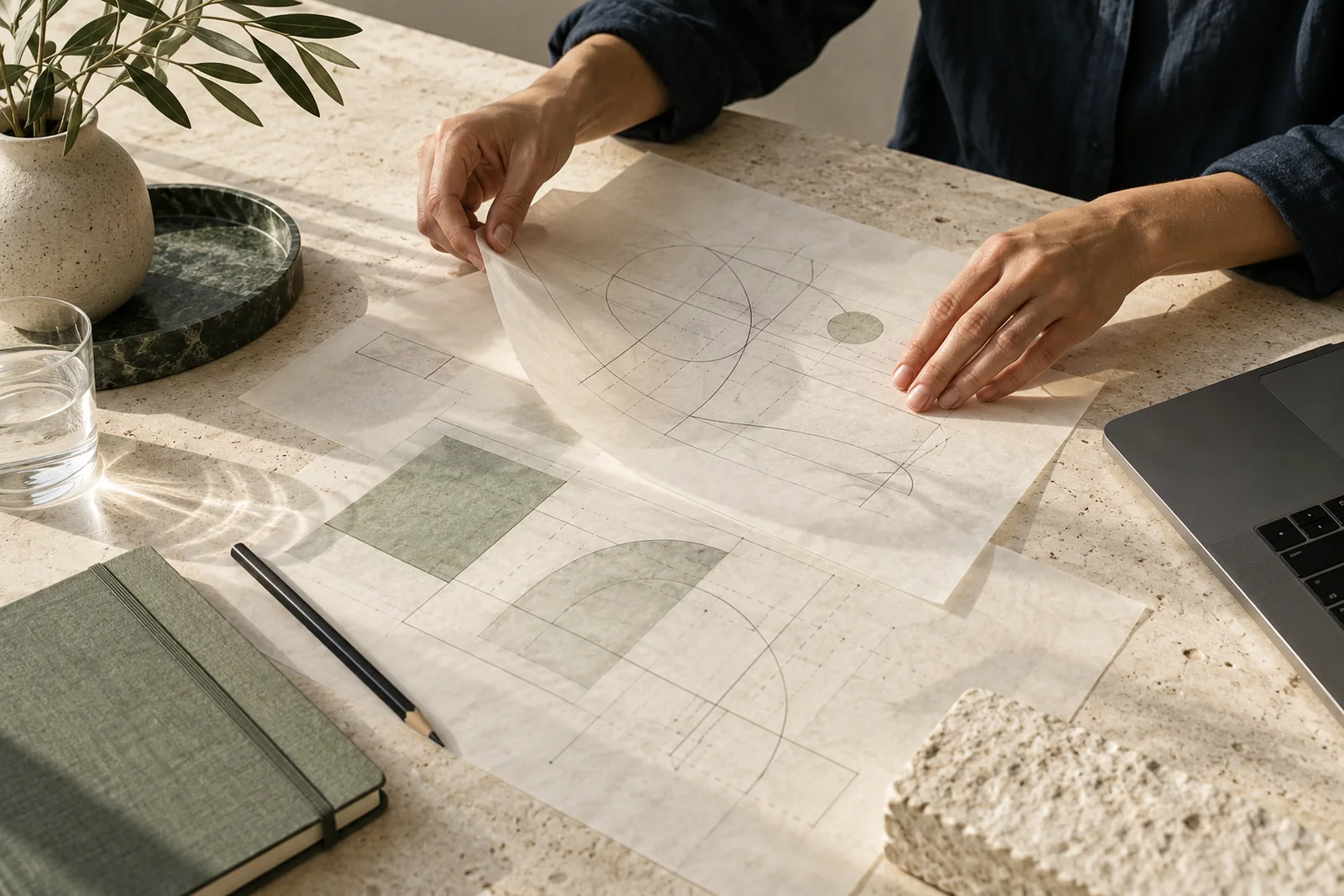Hands arranging tracing paper and construction sketches on a stone desk